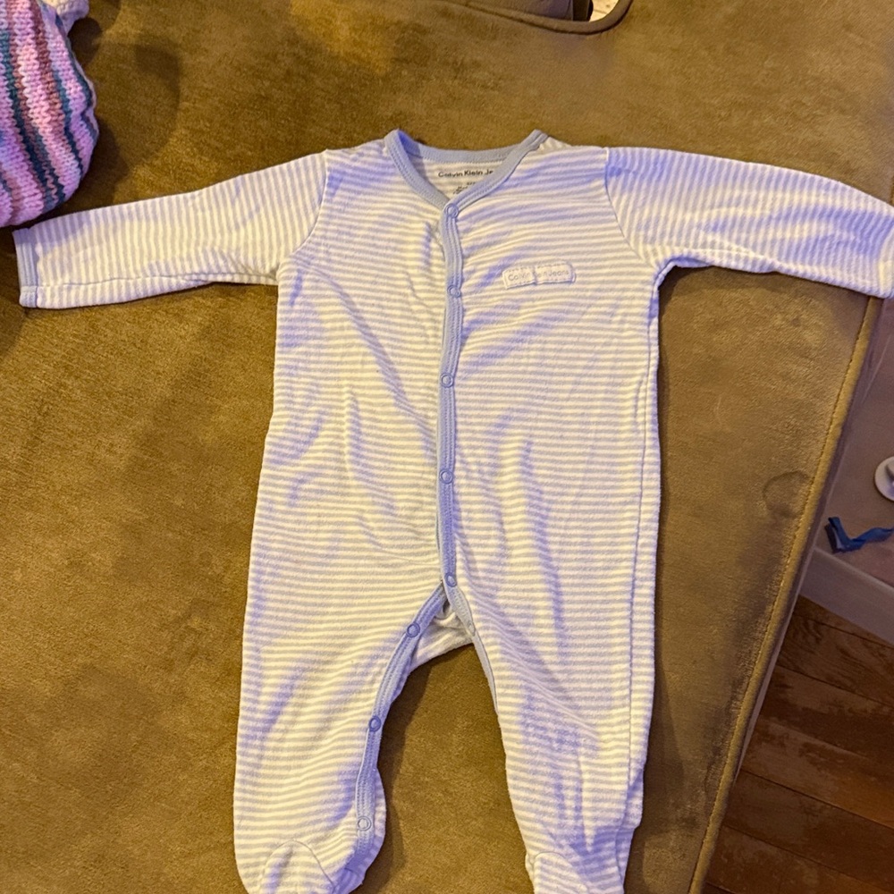 Calvin Klein Light Blue & White Striped Footed One-Piece